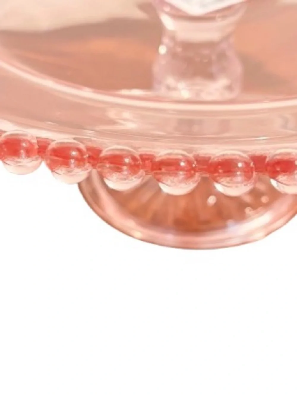 🆕- Pink Glass Pedestal Cake Stand with Beaded Hobnail Edge